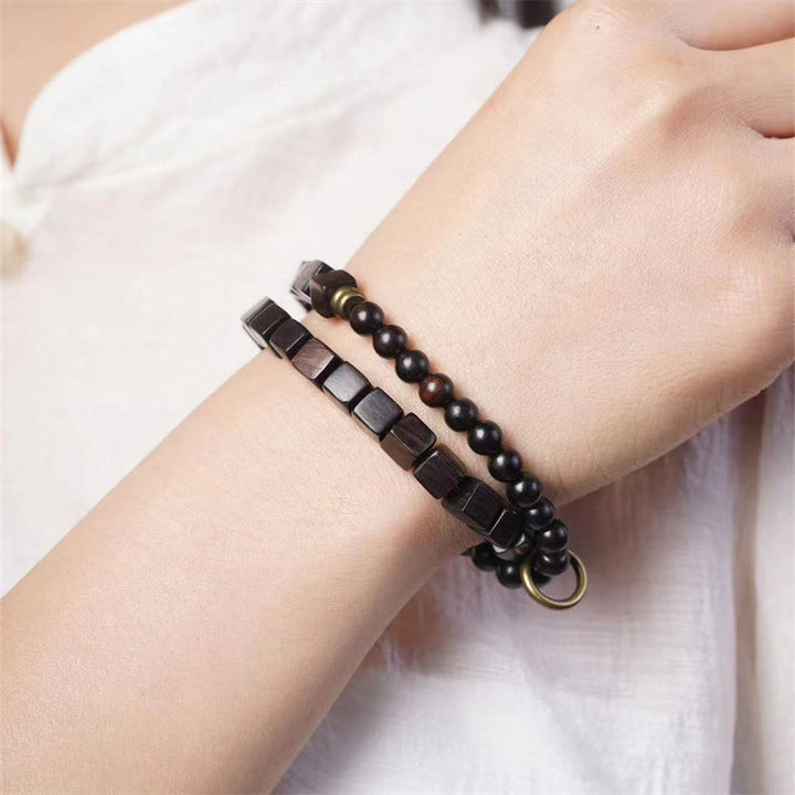 Buddha Stones Tibet Ebony Wood Square Beads Peace Double Wrap Bracelet - image 5