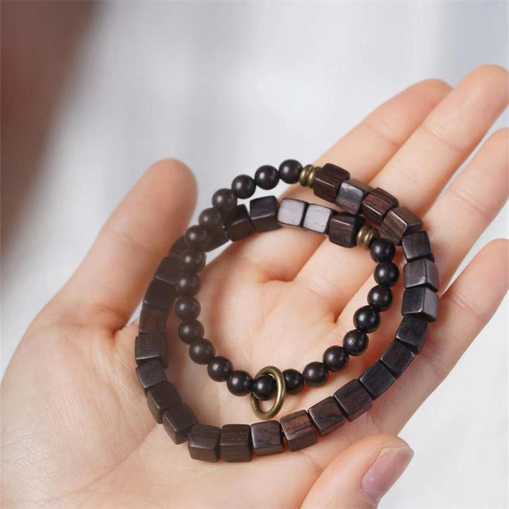 Buddha Stones Tibet Ebony Wood Square Beads Peace Double Wrap Bracelet - image 4