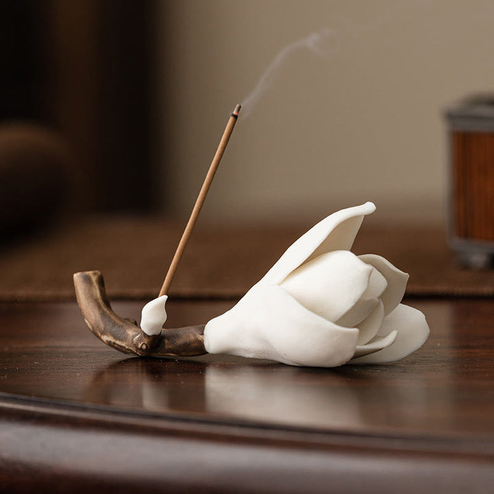 Buddha Stones Gardenia Flower Pattern Ceramic Healing Incense Burner Decoration - White 8.5cm*3.5cm - image 0