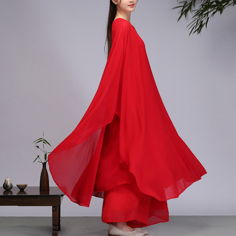 Buddha Stones Simple Pattern Midi Dress Wide Leg Pants Meditation Spiritual Zen Practice Yoga Dance Clothing - Red - 2Pcs(Dress&Pants) - US8-10，UK/AU12-14，EU40-42 (2XL) - image 10