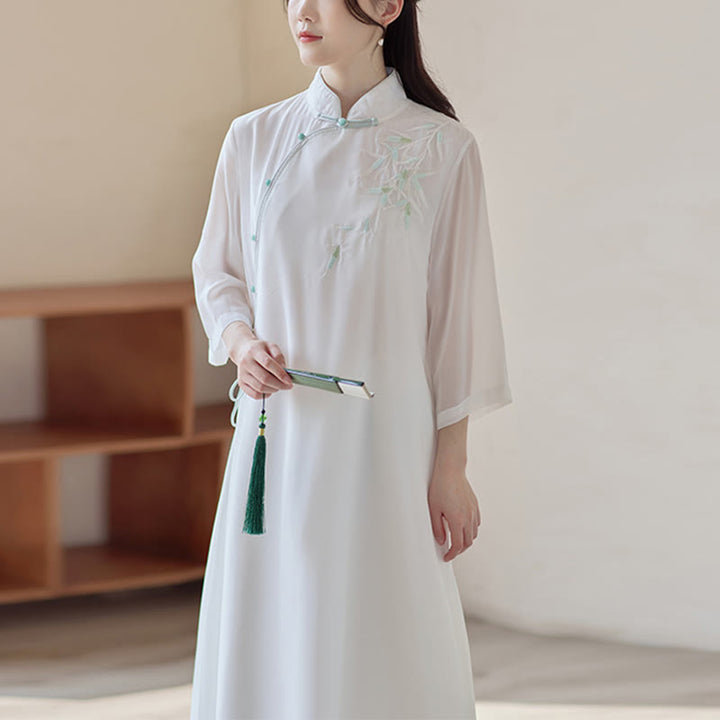 Buddha Stones Bamboo Cheongsam Dress Midi Dress Wide Leg Pants Meditation Spiritual Zen Practice Clothing - Cheongsam Dresses(Dress Only) - US8-10，UK/AU12-14，EU40-42 (2XL) - image 11