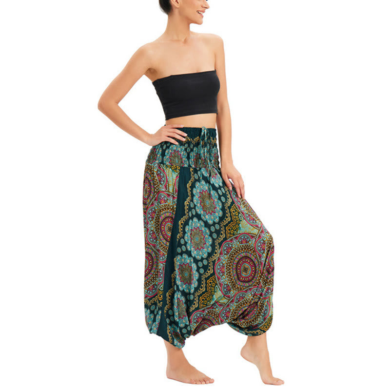 Buddha Stones Two Style Wear Mandala Flower Pattern Loose Smocked Harem Trousers Jumpsuit High Waist Pants - image 1