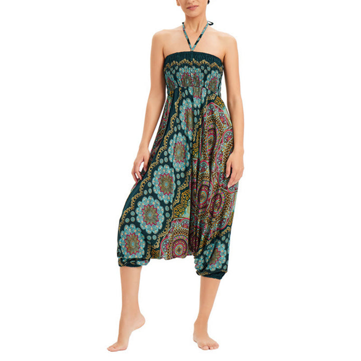Buddha Stones Two Style Wear Mandala Flower Pattern Loose Smocked Harem Trousers Jumpsuit High Waist Pants - image 3