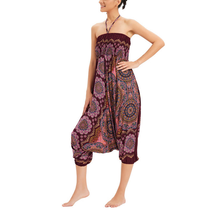 Buddha Stones Two Style Wear Mandala Flower Pattern Loose Smocked Harem Trousers Jumpsuit High Waist Pants - image 16