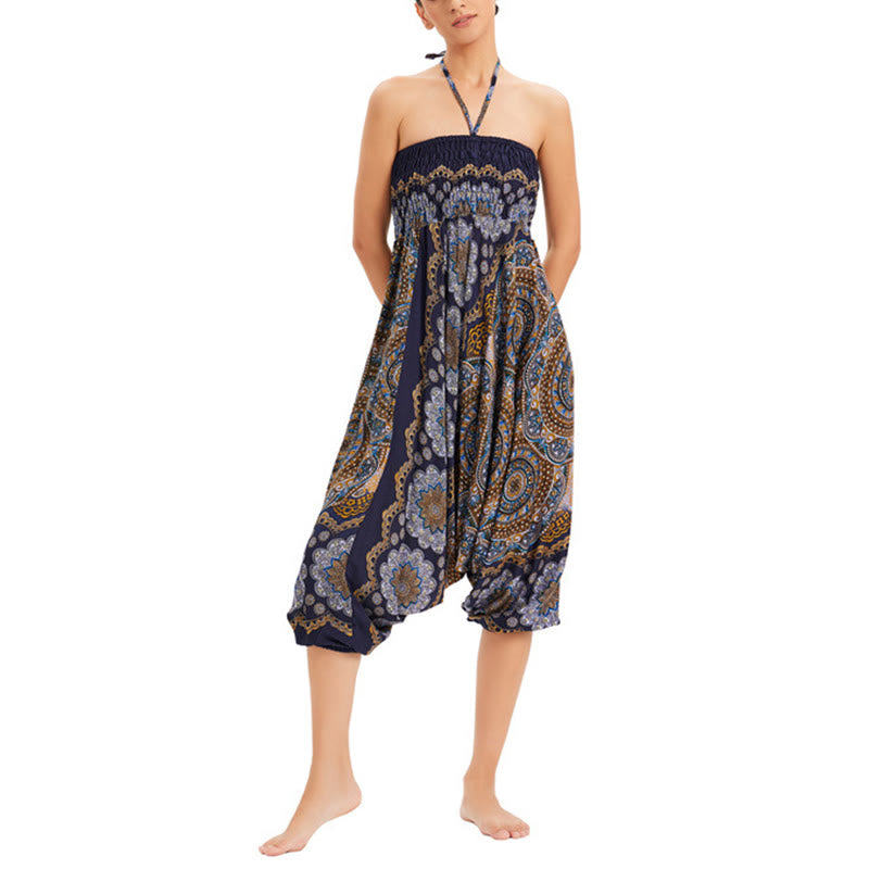 Buddha Stones Two Style Wear Mandala Flower Pattern Loose Smocked Harem Trousers Jumpsuit High Waist Pants - image 25