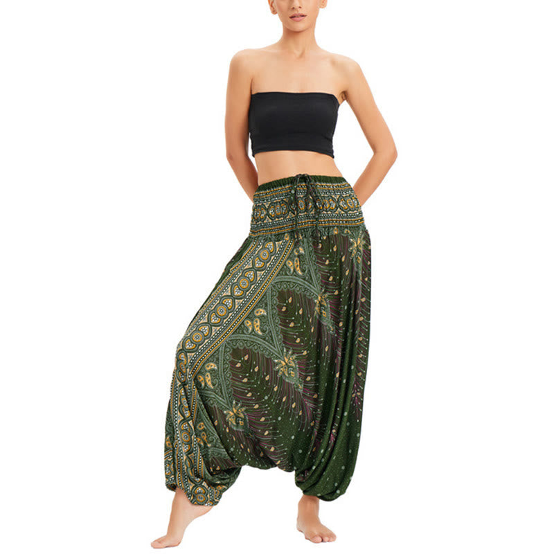 Buddha Stones Two Style Wear Peacock Feather Loose Smocked Harem Trousers Jumpsuit High Waist Pants - Dark Green-US2-12，UK/AU6-16，EU34-44 (F) - image 13