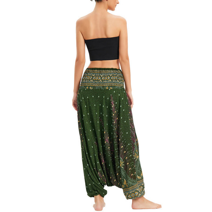 Buddha Stones Two Style Wear Peacock Feather Loose Smocked Harem Trousers Jumpsuit High Waist Pants - image 15