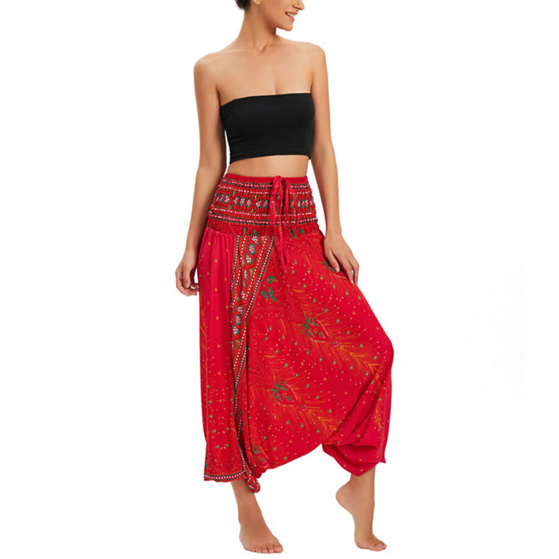Buddha Stones Two Style Wear Peacock Feather Loose Smocked Harem Trousers Jumpsuit High Waist Pants - Red-US2-12，UK/AU6-16，EU34-44 (F) - image 19