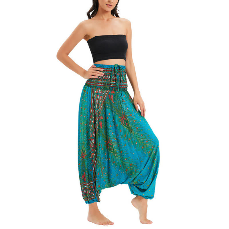 Buddha Stones Two Style Wear Peacock Feather Loose Smocked Harem Trousers Jumpsuit High Waist Pants - Blue-US2-12，UK/AU6-16，EU34-44 (F) - image 25