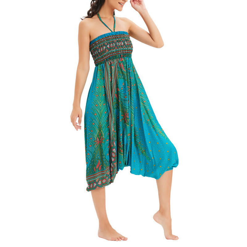 Buddha Stones Two Style Wear Peacock Feather Loose Smocked Harem Trousers Jumpsuit High Waist Pants - image 30