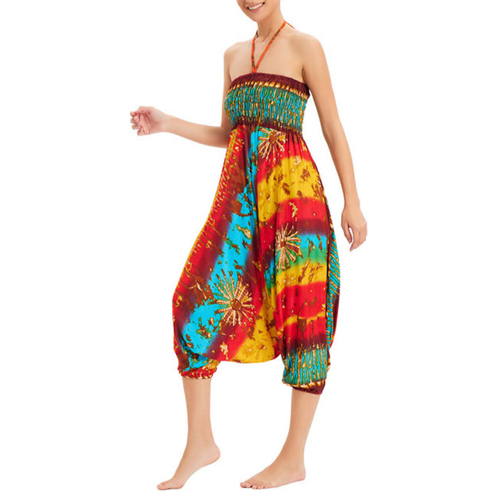 Buddha Stones Two Style Wear Gradient Colorful Loose Smocked Harem Trousers Jumpsuit High Waist Pants - image 6