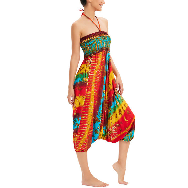 Buddha Stones Two Style Wear Gradient Colorful Loose Smocked Harem Trousers Jumpsuit High Waist Pants - image 5