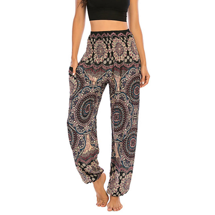 Buddha Stones Boho Loose Round Geometric Pattern Harem Trousers Women's Yoga Pants - Black Beige-US2-8/10，UK/AU6-12/14，EU34-40/42 (F) - image 0