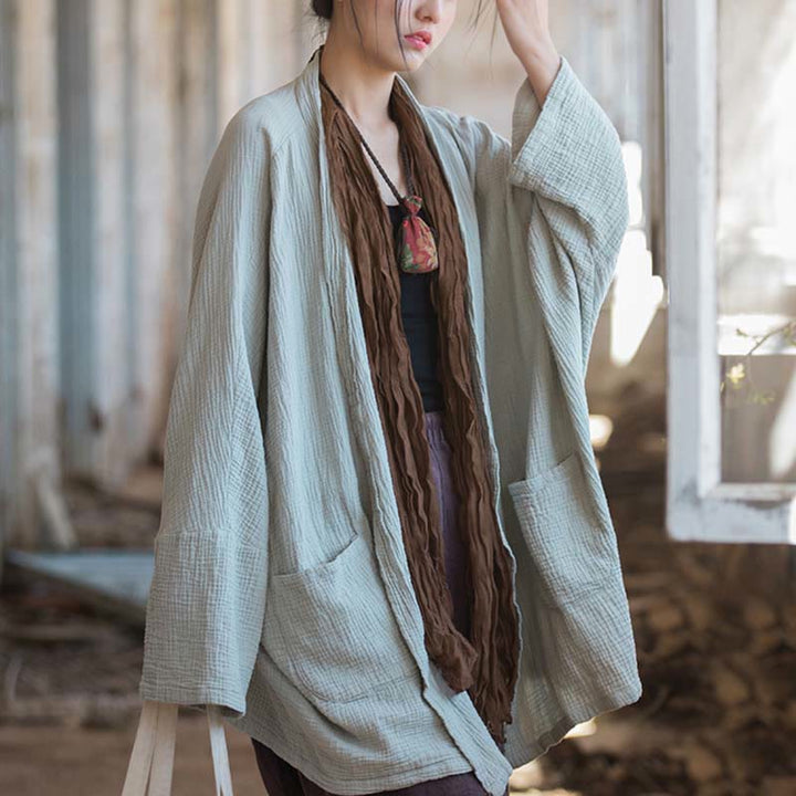 Buddha Stones Plain Design Long Sleeve Coat Zen Meditation Open Front Top Cotton Jacket - image 2