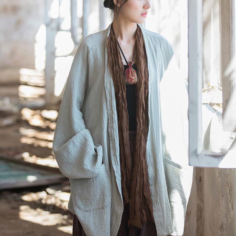 Buddha Stones Plain Design Long Sleeve Coat Zen Meditation Open Front Top Cotton Jacket - image 1