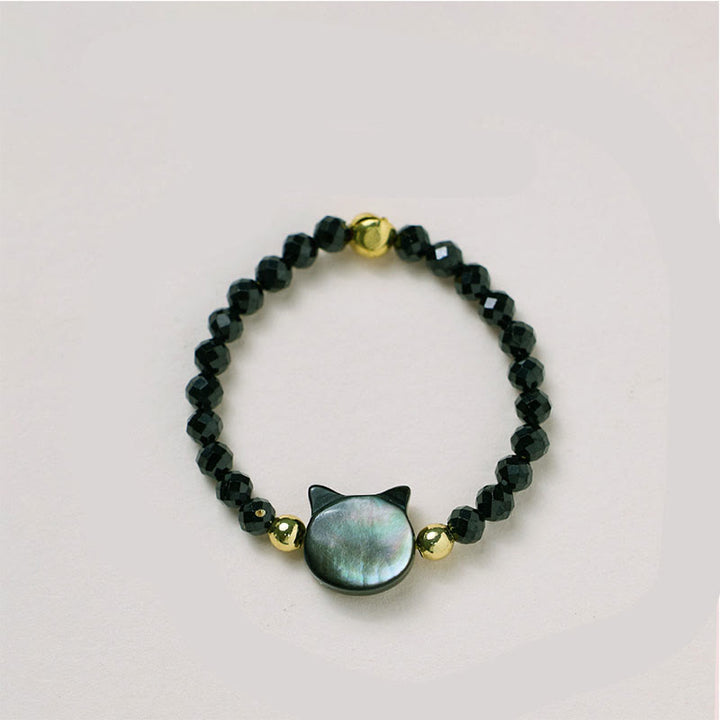 Buddha Stones Natural Tridacna Stone Lovely Cat 14K Gold Plated Blessing Ring - image 2