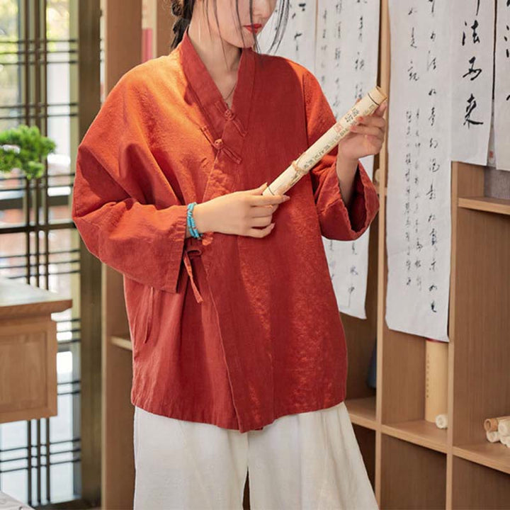 Buddha Stones Frog-Button Hanfu Design Long Sleeve Coat Zen Meditation Open Front Top Jacket - image 7