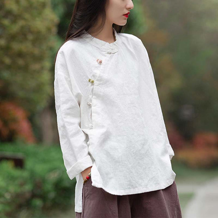 Buddha Stones Ramie Linen Blouse Women Shirt Top Chinese Hanfu Style Clothing - White(Bust 120cm)(Top Only) - image 11