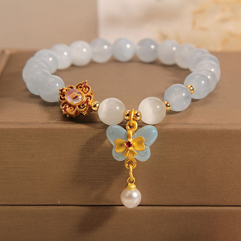Buddha Stones Aquamarine Cat's Eye Healing Butterfly Pearl Charm Bracelet - Aquamarine(Wrist Circumference 14-16cm) - image 0