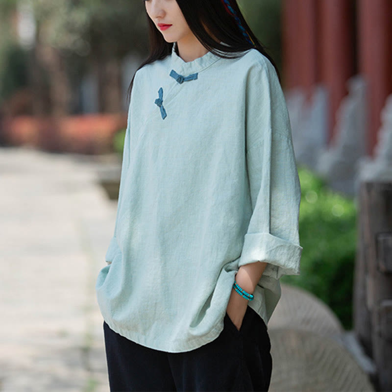 Buddha Stones Ramie Linen Loose Blouse Women Long Sleeve Shirt Chinese Hanfu Top - Green(Bust 132cm)(Top Only) - image 0