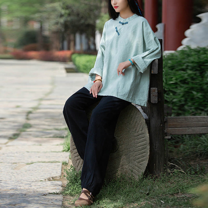 Buddha Stones Ramie Linen Loose Blouse Women Long Sleeve Shirt Chinese Hanfu Top - image 3