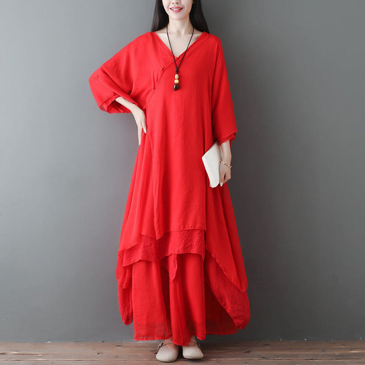Buddha Stones V-Neck Midi Tunic Dress Wide Leg Pants Meditation Zen Practice Dance Clothing - 2Pcs Red(Dress&Pants) - US12，UK/AU16，EU44 (2XL) - image 9
