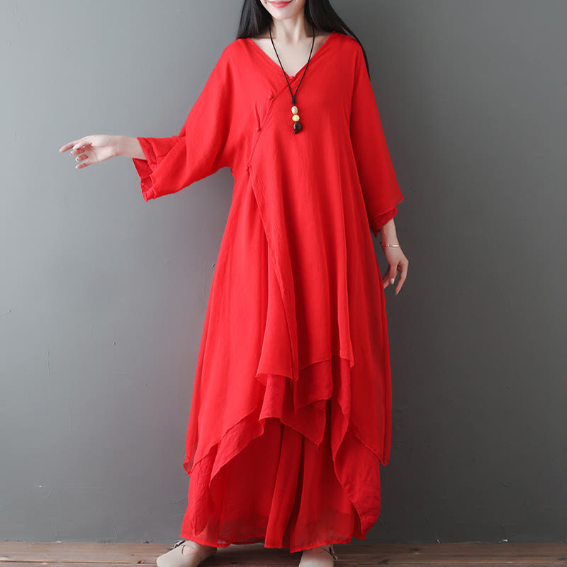 Buddha Stones V-Neck Midi Tunic Dress Wide Leg Pants Meditation Zen Practice Dance Clothing - image 10