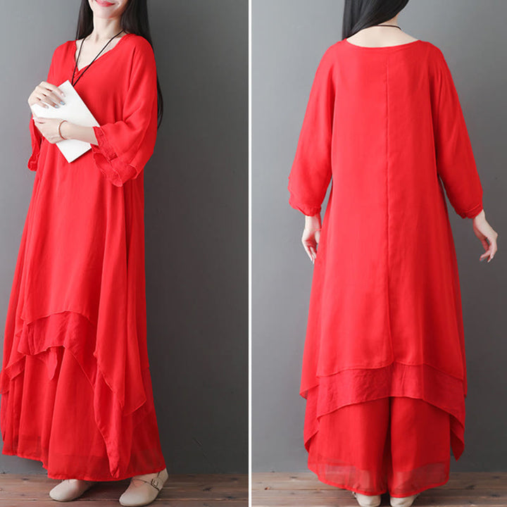Buddha Stones V-Neck Midi Tunic Dress Wide Leg Pants Meditation Zen Practice Dance Clothing - image 12