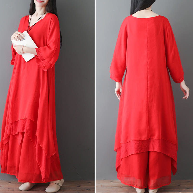 Buddha Stones V-Neck Midi Tunic Dress Wide Leg Pants Meditation Zen Practice Dance Clothing - image 14