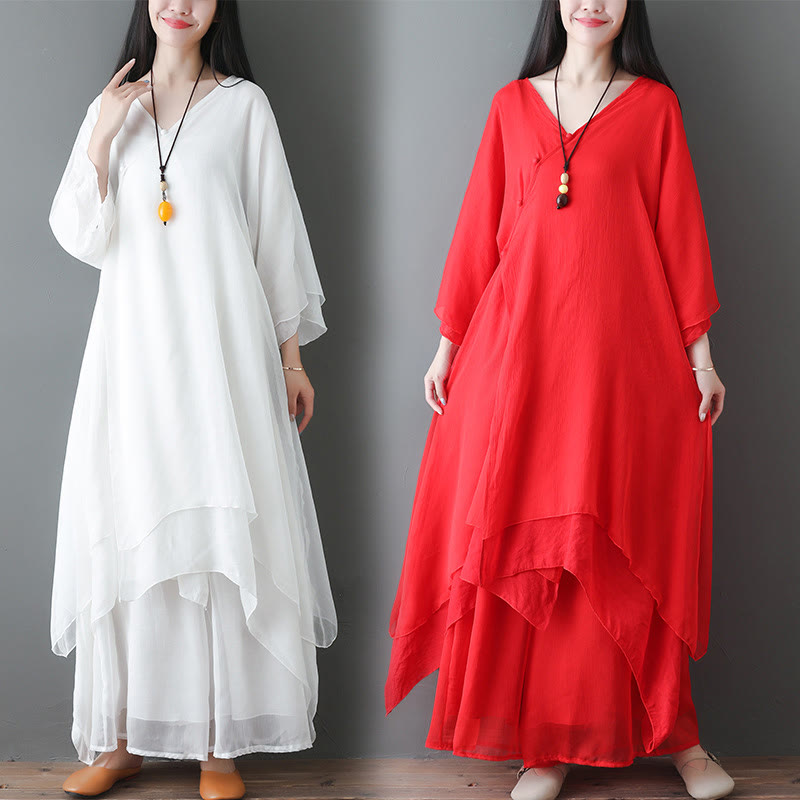 Buddha Stones V-Neck Midi Tunic Dress Wide Leg Pants Meditation Zen Practice Dance Clothing - image 22