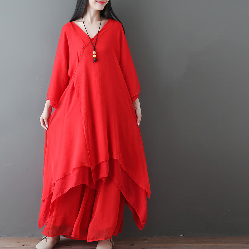 Buddha Stones V-Neck Midi Tunic Dress Wide Leg Pants Meditation Zen Practice Dance Clothing - image 13