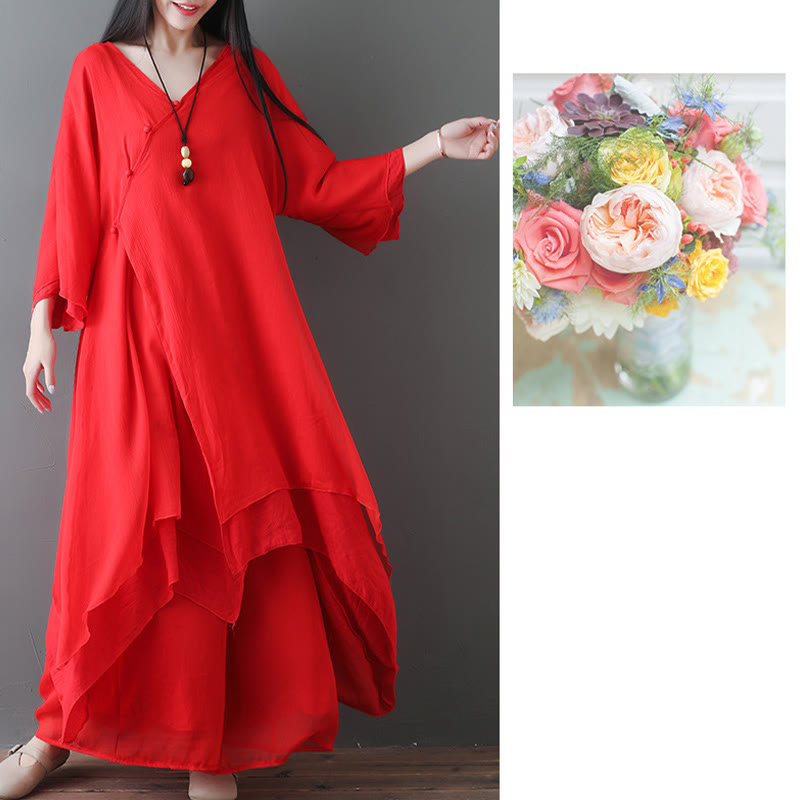 Buddha Stones V-Neck Midi Tunic Dress Wide Leg Pants Meditation Zen Practice Dance Clothing - image 15