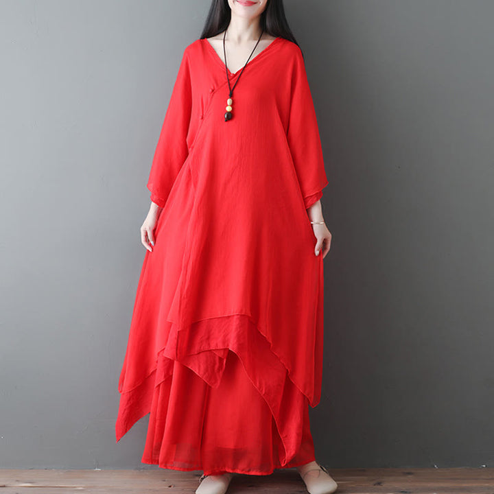 Buddha Stones V-Neck Midi Tunic Dress Wide Leg Pants Meditation Zen Practice Dance Clothing - image 12