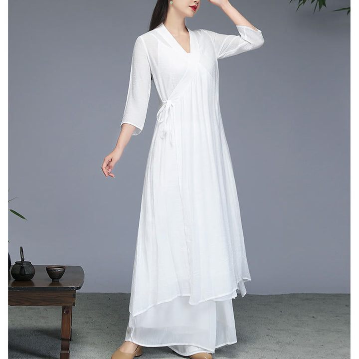 Buddha Stones Hanfu Style Midi Dress Wide Leg Pants Meditation Zen Practice Yoga Dance Clothing - image 9