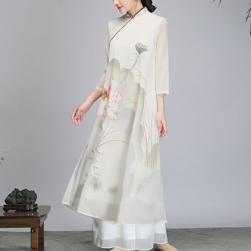 Buddha Stones Lotus Flower Pod Chiffon Cheongsam Midi Dress Meditation Zen Practice Clothing - image 1
