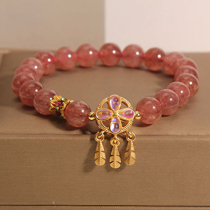 Buddha Stones Natural Strawberry Quartz Four Leaf Clover Dreamcatcher Charm Love Bracelet - Strawberry Quartz(Wrist Circumference 14-16cm) - image 0