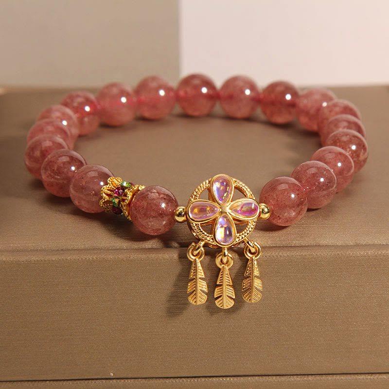 Buddha Stones Natural Strawberry Quartz Four Leaf Clover Dreamcatcher Charm Love Bracelet - image 3