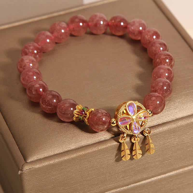 Buddha Stones Natural Strawberry Quartz Four Leaf Clover Dreamcatcher Charm Love Bracelet - image 1
