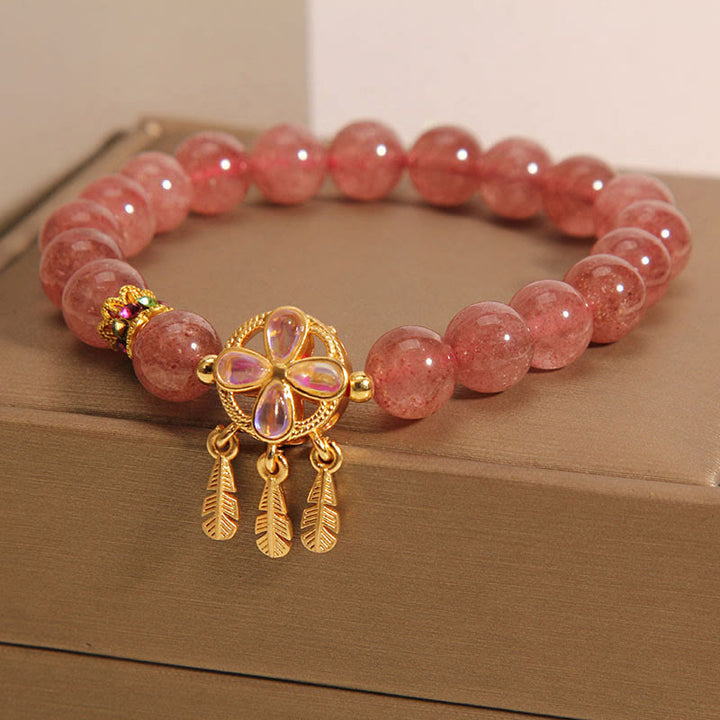 Buddha Stones Natural Strawberry Quartz Four Leaf Clover Dreamcatcher Charm Love Bracelet - image 5