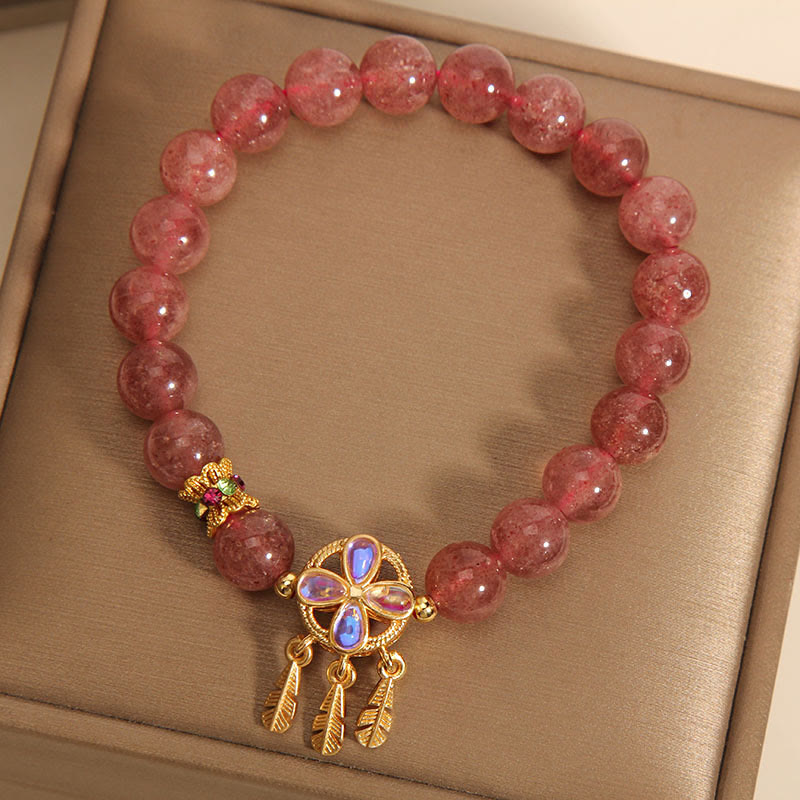 Buddha Stones Natural Strawberry Quartz Four Leaf Clover Dreamcatcher Charm Love Bracelet - image 2