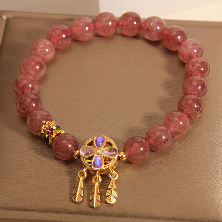 Buddha Stones Natural Strawberry Quartz Four Leaf Clover Dreamcatcher Charm Love Bracelet - image 6