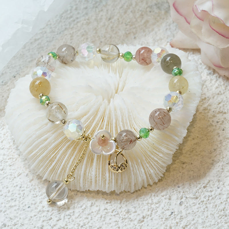Buddha Stones Strawberry Quartz Rutilated Quartz Fluorite Flower Healing Bracelet - Rutilated Quartz(Wrist Circumference 14-16cm) - image 13