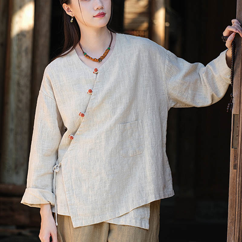 Buddha Stones Solid Color Ramie Linen Loose Blouse Long Sleeve Shirt Chinese Hanfu Top - image 2