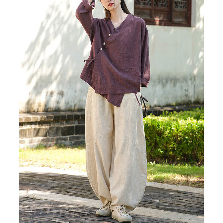 Buddha Stones Solid Color Ramie Linen Loose Blouse Long Sleeve Shirt Chinese Hanfu Top - image 23