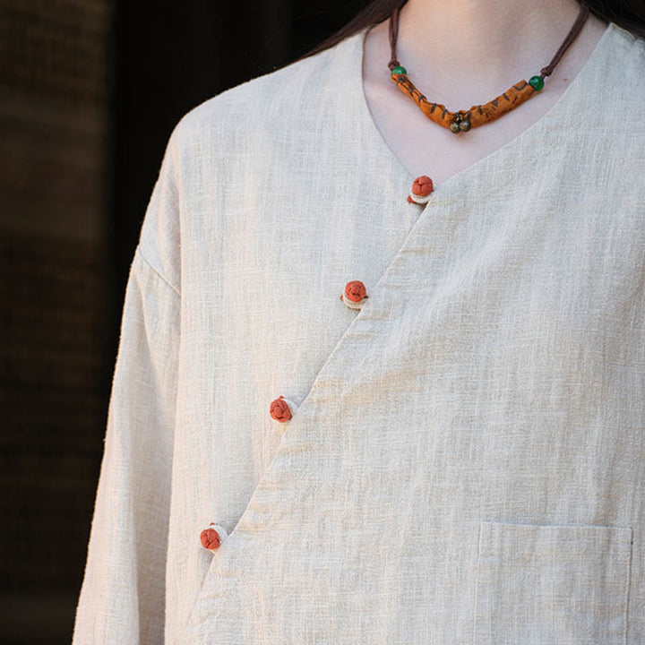 Buddha Stones Solid Color Ramie Linen Loose Blouse Long Sleeve Shirt Chinese Hanfu Top - image 8