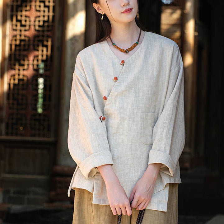 Buddha Stones Solid Color Ramie Linen Loose Blouse Long Sleeve Shirt Chinese Hanfu Top - image 4
