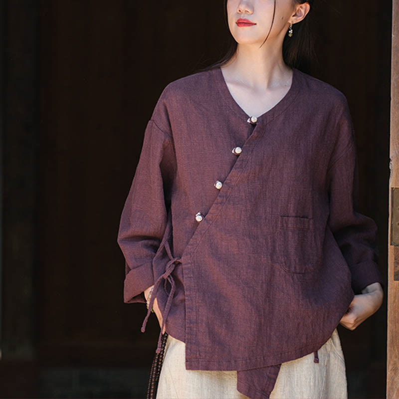 Buddha Stones Solid Color Ramie Linen Loose Blouse Long Sleeve Shirt Chinese Hanfu Top - image 18