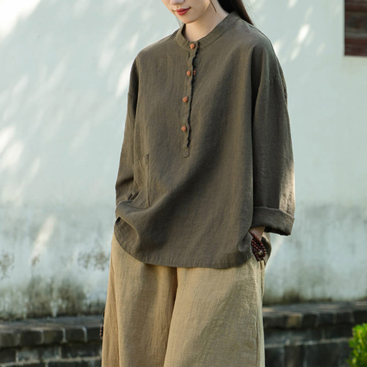 Buddha Stones Solid Color Loose Button Blouse Long Sleeve Shirt Top - Green(Bust 126cm)(Top Only) - image 21
