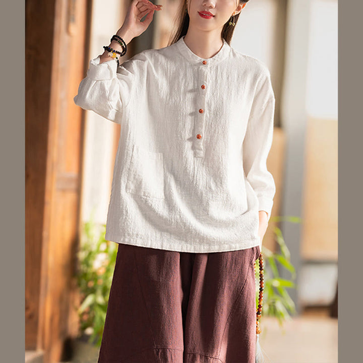 Buddha Stones Solid Color Loose Button Blouse Long Sleeve Shirt Top - image 7