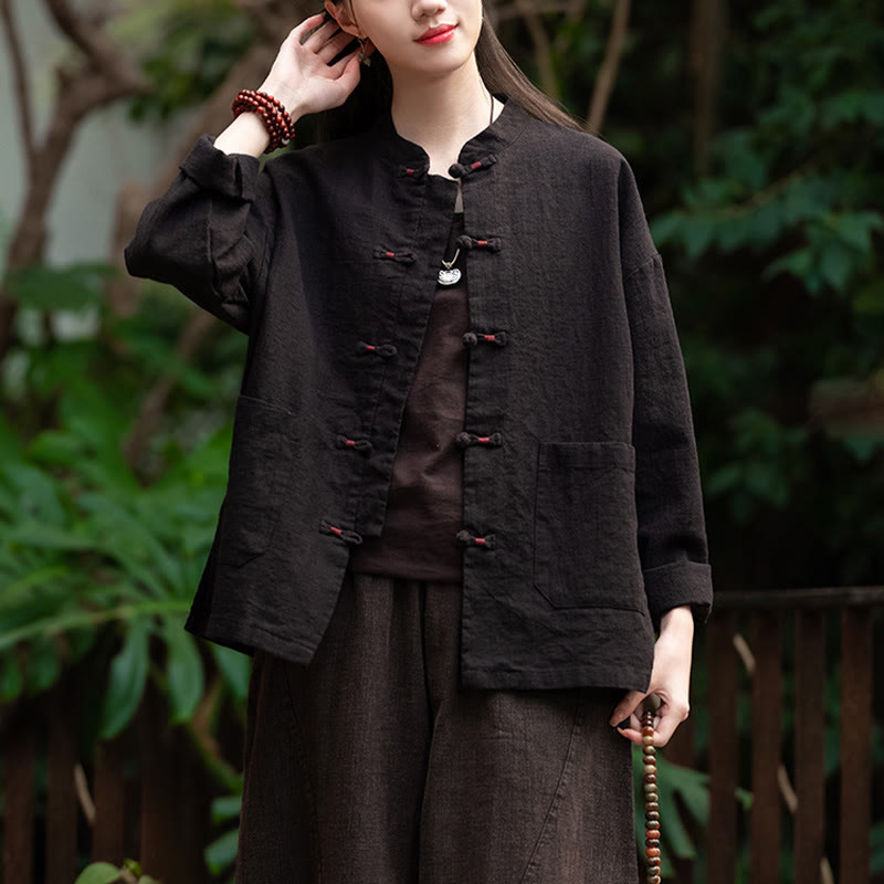 Buddha Stones Frog-Button Shirt Zen Meditation Top Clothing Cotton Linen Jacket - Black(Bust 120cm)(Top Only) - image 7